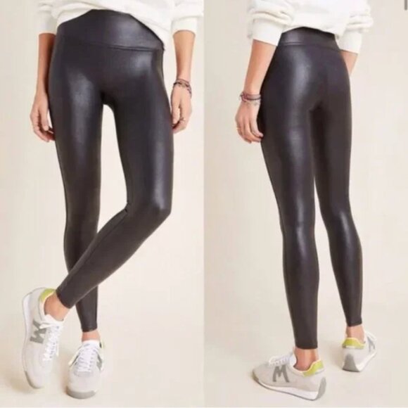 SPANX Faux Leather High Rise Leggings Black Glossy Sz Medium Petite - Picture 1 of 5